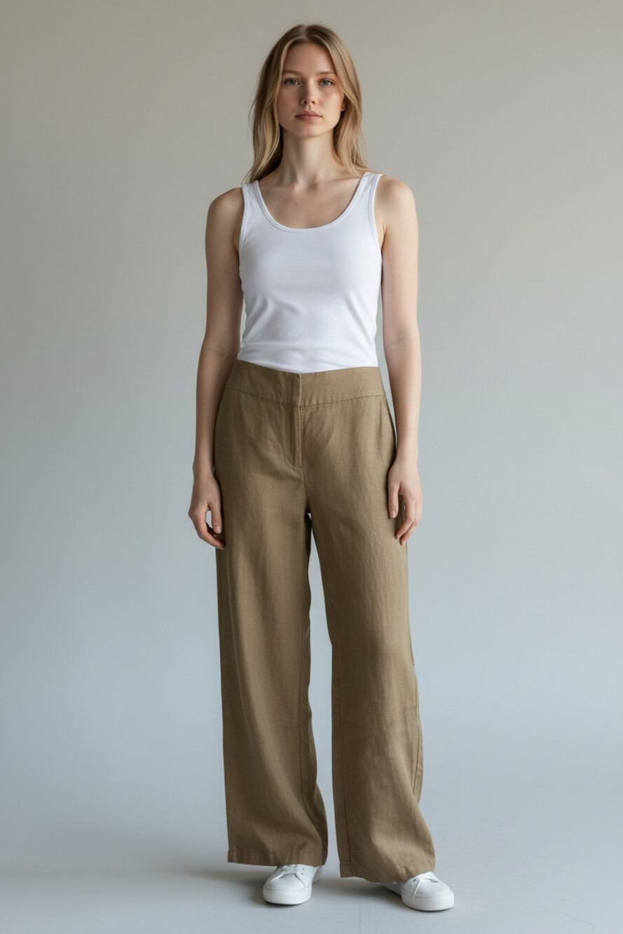 Eileen Fisher Linen Tan Khaki Straight Leg Minimalist Trouser Zip Pants, 16